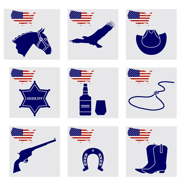 Vector Illustration Usa Setzt Amerikanische Nationalsymbole Pferdekopf Adler Cowboystiefel Hut — Stockvektor
