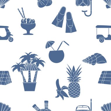 Kusursuz desenli seyahat vektör ilüstrasyonu Tatil Macerası Yaz Gezisi Tuk-tuk, palmiye ağacı, maske, şnorkel, palet, masaj için bitkisel keseler, kabuk, ananas, muz, kokteyl