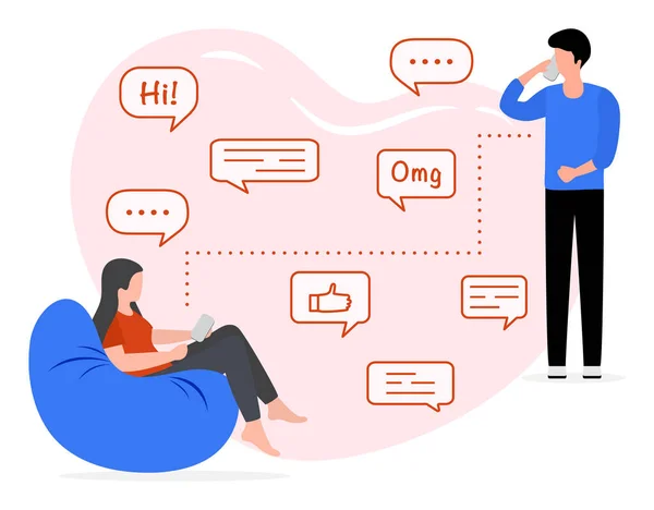 Ilustración Vectorial Comunicación Con Persona Gente Hablando Por Teléfono Burbujas — Vector de stock