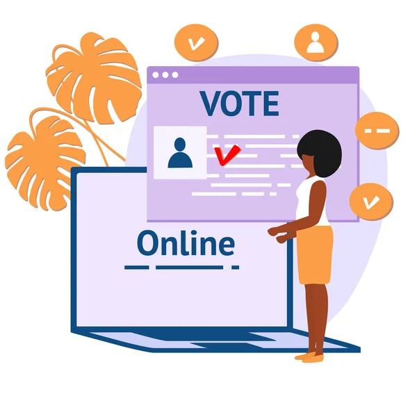 Vektör illüstrasyonu İnsanlar dizüstü bilgisayar seçim kampanyasında aday için çevrimiçi oy veriyorlar Online seçimlerde politik rekabet Başkanlık seçimi Online oylama, e-oylama, seçim internet sistemi