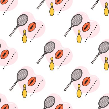Bowling pimi, tenis raketi, futbol ragbi topu gibi pürüzsüz bir desen. Spor teması. Oyun, hobi, eğlence. Spor malzemeleri. Sağlıklı bir yaşam tarzı. Paket, kumaş veya yazdırma için tasarım