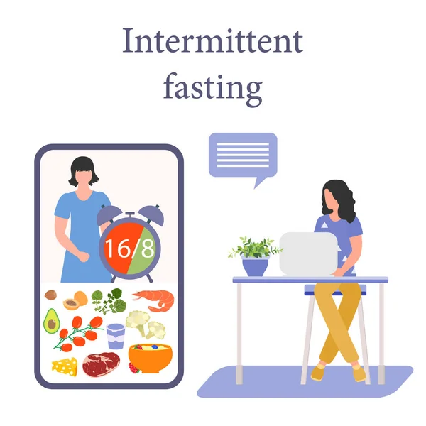 Ilustración Vectorial Nutrition Consultant Online Explica Método Ayuno Intermitente Alimentación — Archivo Imágenes Vectoriales