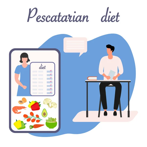 Illustration Vectorielle Nutrition Consultant Online Explique Régime Pescatarien Homme Planification — Image vectorielle