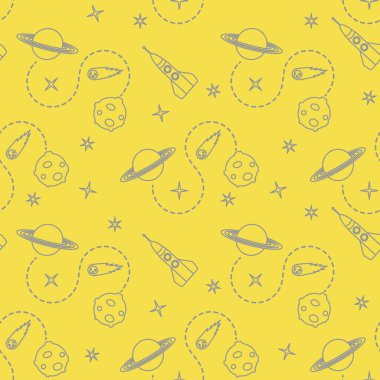 Roketli, kuyruklu yıldızlı, gezegenli, yıldızlı kusursuz desen. Uzay keşfi. Astronomi. - Bilim. Aydınlatıcı ve Nihai Gri.