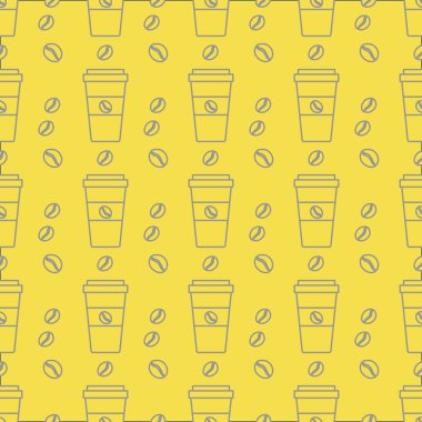 Kusursuz kahve kalıbı. Kağıt kahve fincanlarıyla arka plan tekrarı. - Günaydın. Götürün. Kafe, bistro, bar menü kartı. Paketleme, tekstil, baskı aydınlatma ve nihai gri için yiyecek ve içecek tasarımı.