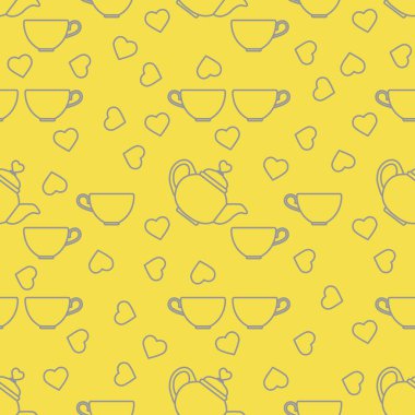 Kusursuz Sevgililer Günü Kettle, bir fincan çay, kalpler. Romantik bir geçmiş. Aşk, ilişki, flört konsepti. Tebrik kartı. Parti kartı, afiş, poster ya da baskı için tasarım. Aydınlatıcı ve Nihai Gri.