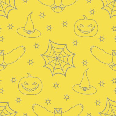 Cadılar Bayramı vektörsüz desenli örümcek ağı, kartal baykuşu, balkabağı, şapka, cadı, yıldızlar. Parti kartı, ambalaj, kumaş, baskı için tasarım. Aydınlatıcı ve Nihai Gri.