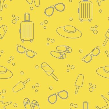 Bavullu, dondurmalı, şapkalı, güneş gözlüklü, plaj terlikli kusursuz desen. Yaz tatili konsepti. Aydınlatıcı ve Nihai Gri.