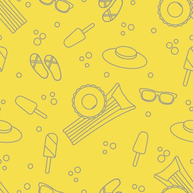 Şişme şilteli, şişme dairesi, dondurma, şapka, gözlük, plaj terlikleri. Yaz tatili konsepti. Aydınlatıcı ve Nihai Gri.