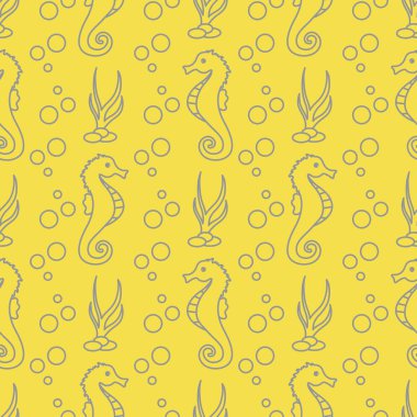 Deniz atları, su altı bitkileri ve baloncuklarla vektör desenli. Denizci geçmişi. Tekstil, afiş, poster ya da baskı tasarımı. Aydınlatıcı ve Nihai Gri.