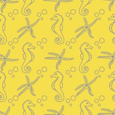 Deniz atları, denizyıldızı ve baloncuklarla kusursuz bir desen. Denizci geçmişi. Tekstil, afiş, poster ya da baskı tasarımı. Aydınlatıcı ve Nihai Gri.
