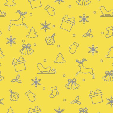 Mutlu yıllar ve kusursuz noeller. Eldiven, kızak, hediye, kar taneleri, geyik, çan, Noel çorabı, ökseotu, Noel ağacı. Aydınlatıcı ve Nihai Gri.