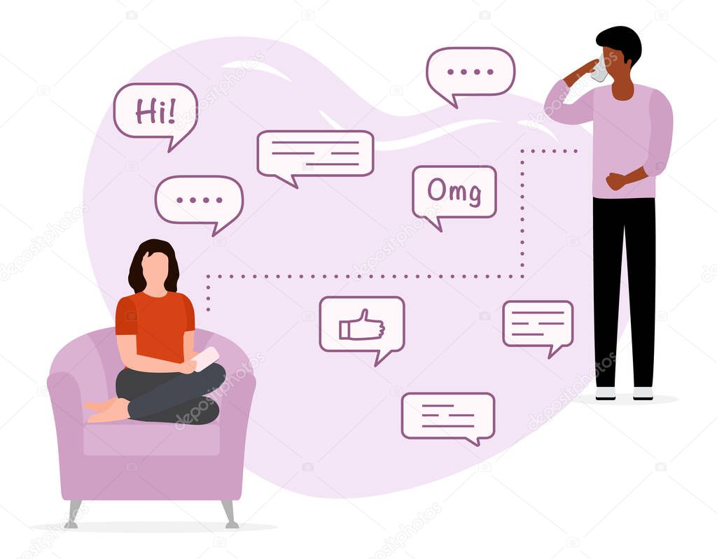 Vector illustration Communication with person. People talking on the phone. Dialogue speech bubbles. Man and woman calling by smartphone. Phone call, speaking social, chatting. Design for web, print