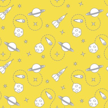 Roketli, kuyruklu yıldızlı, gezegenli, yıldızlı kusursuz desen. Uzay keşfi. Astronomi. - Bilim. Aydınlatıcı ve Nihai Gri.