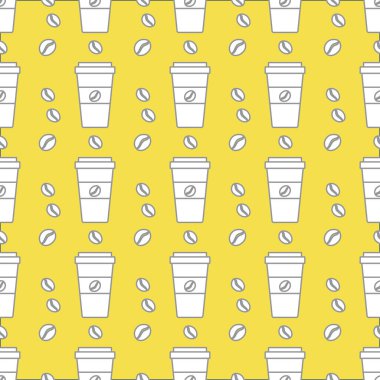 Kusursuz kahve kalıbı. Kağıt kahve fincanlarıyla arka plan tekrarı. - Günaydın. Götürün. Kafe, bistro, bar menü kartı. Paketleme, tekstil, baskı aydınlatma ve nihai gri için yiyecek ve içecek tasarımı.