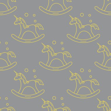 Sallanan sihirli tek boynuzlu at ve baloncuklu desen. Çocuk grafiği, tişört, kapak, hediye kartı için tasarım. Aydınlatıcı ve Nihai Gri.