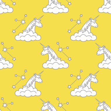 Sihirli tek boynuzlu atlara, takımyıldızlara ve bulutlara sahip kusursuz desenler. Çocuk grafiği, tişört, kapak, hediye kartı için tasarım. Aydınlatıcı ve Nihai Gri.