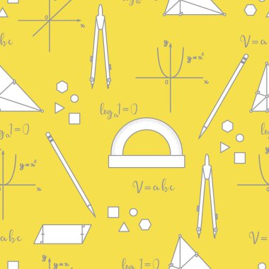 Geometri grafikleri, araçları ve formülleri olan matematiksel bilimsel vektörler. Eğitim unsurları. Pusula, açıölçer, kalem, grafik, düz, parabol, formüller, üçgen, paralelkenar. Aydınlatıcı ve Nihai Gri.