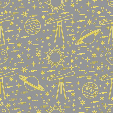 Teleskoplu, güneşli, gezegenli, yıldızlı kusursuz desen. Uzay keşfi. Astronomi. Bilim Aydınlatma ve Nihai Gri.