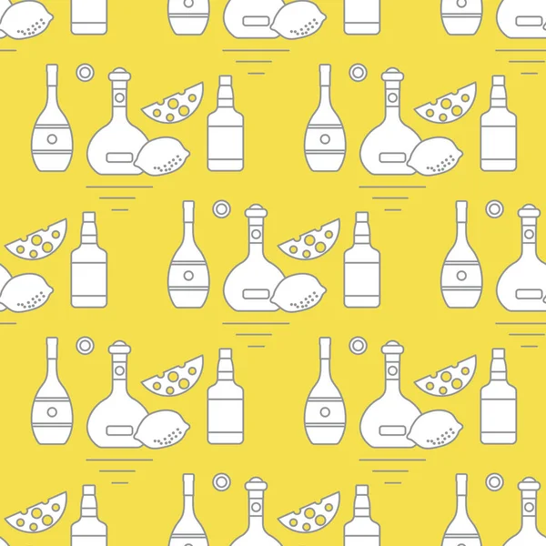 Seamless Pattern Vector Illustration Bottles Alcoholic Beverage Cheese Lemon Liquor — Stock Vector