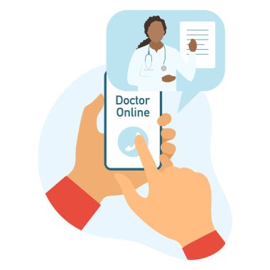 Danışmanlık Doktor çevrimiçi vektör illüstrasyonu Eller hastayla çevrimiçi tıbbi iletişimi elinde tutuyor. Sanal hastane. Tıbbi destek. Sağlık hizmetleri. Web sitesi, uygulama, yazdırma için Düz Biçim Tasarımı