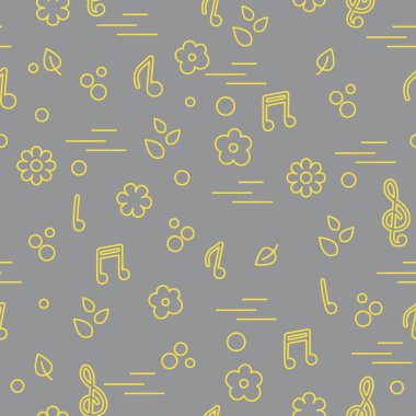 Kusursuz notalar, çiçekler, yapraklar. Tasarım, kumaş, baskı için şablon. Aydınlatıcı ve Nihai Gri.