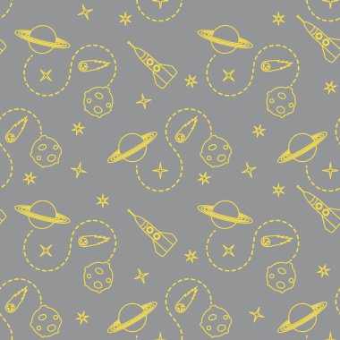 Roketli, kuyruklu yıldızlı, gezegenli, yıldızlı kusursuz desen. Uzay keşfi. Astronomi. - Bilim. Aydınlatıcı ve Nihai Gri.