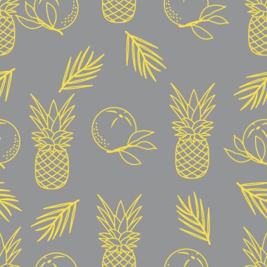 Ananaslı, portakallı, yapraklı kusursuz desen. Tropik meyve. Yaz dönemi. Aydınlatıcı ve Nihai Gri.