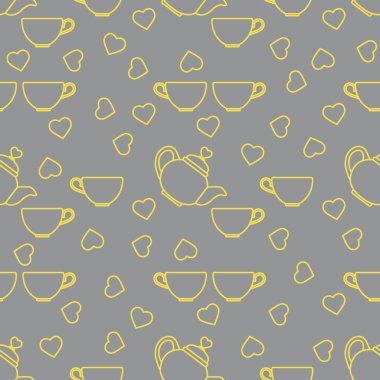 Kusursuz Sevgililer Günü Kettle, bir fincan çay, kalpler. Romantik bir geçmiş. Aşk, ilişki, flört konsepti. Tebrik kartı. Parti kartı, afiş, poster ya da baskı için tasarım. Aydınlatıcı ve Nihai Gri.