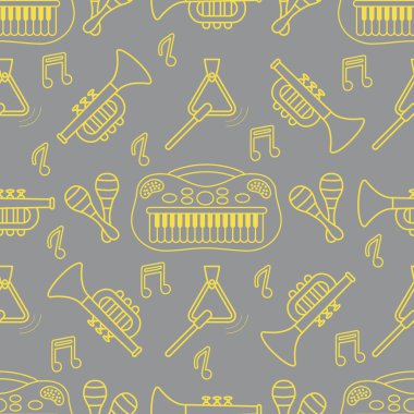 Çocukların müzikal oyuncaklarıyla kusursuz bir şablon. Müzik aletleriyle illüstrasyon. Maracas, synthesizer, trompet, üçgen ve notalar. Çocuklar için oyuncaklar. Paketleme kağıdı, kumaş, yazdırma Aydınlatma ve Nihai Gri.