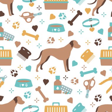 Vektör desensiz çizim köpek, pençe izleri, kemik, kase, yaka, tarak, ilaçlar, makas, makas. Hayvan geçmişi. Hayvan dükkanı, veteriner kliniği, barınak konsepti kumaş tasarımı, baskı