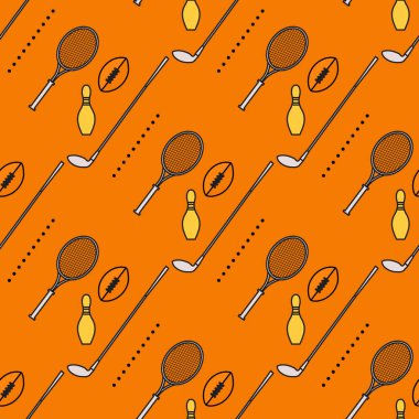 Bowling pimi, tenis raketi, rugby topu, golf sopası. Spor teması. Oyun, hobi, eğlence. Spor malzemeleri. Paket, kumaş veya yazdırma için tasarım.