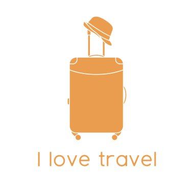 Vektör illüstrasyon çantası, beyaz arka planda izole edilmiş güneş şapkası. Seyahat etmeyi severim. Yaz tatili, tatil, tatil. Seyahat acentesi, rezervasyon servisi. Web sayfası için dizayn, yazdırma