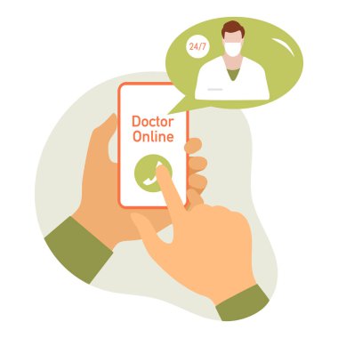 Danışmanlık Doktor çevrimiçi vektör illüstrasyonu Eller hastayla çevrimiçi tıbbi iletişimi elinde tutuyor. Sanal hastane. Tıbbi destek. Sağlık hizmetleri. Web sitesi, uygulama, yazdırma için Düz Biçim Tasarımı