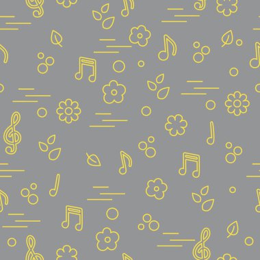 Kusursuz notalar, çiçekler, yapraklar. Tasarım, kumaş, baskı için şablon. Aydınlatıcı ve Nihai Gri.