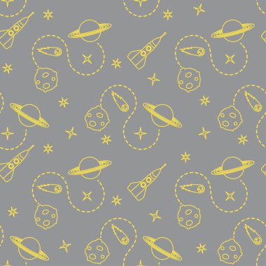 Roketli, kuyruklu yıldızlı, gezegenli, yıldızlı kusursuz desen. Uzay keşfi. Astronomi. - Bilim. Aydınlatıcı ve Nihai Gri.