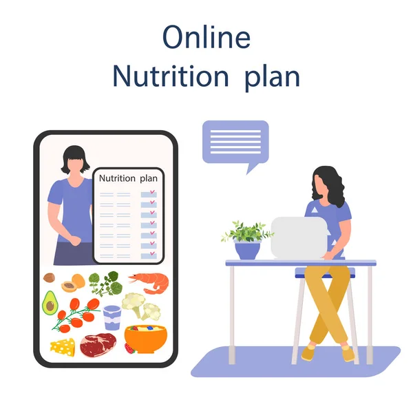 Vektör illüstrasyon Beslenme Danışmanı Çevrimiçi insanlara diyeti açıklıyor. Düzgün beslenme. Organik yemek planlaması. Diyet yemek. Sağlıklı yaşam tarzı kavramı. Yemek alışkanlıkları. Kilo kaybı. Web için tasarım, yazdırma