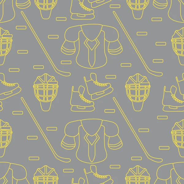 Seamless pattern with skates, goalkeeper mask, hockey stick, ice hockey puck, hockey shoulder pads. Winter sports background. Hockey equipment. Games, hobbies, entertainment. Illuminating and Ultimate Gray.