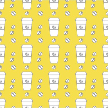 Kusursuz kahve kalıbı. Kağıt kahve fincanlarıyla arka plan tekrarı. - Günaydın. Götürün. Kafe, bistro, bar menü kartı. Paketleme, tekstil, baskı aydınlatma ve nihai gri için yiyecek ve içecek tasarımı.