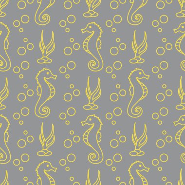 Deniz atları, su altı bitkileri ve baloncuklarla vektör desenli. Denizci geçmişi. Tekstil, afiş, poster ya da baskı tasarımı. Aydınlatıcı ve Nihai Gri.