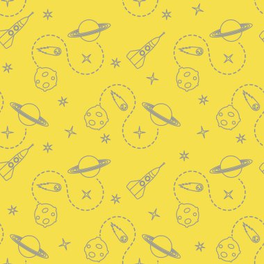 Roketli, kuyruklu yıldızlı, gezegenli, yıldızlı kusursuz desen. Uzay keşfi. Astronomi. - Bilim. Aydınlatıcı ve Nihai Gri.