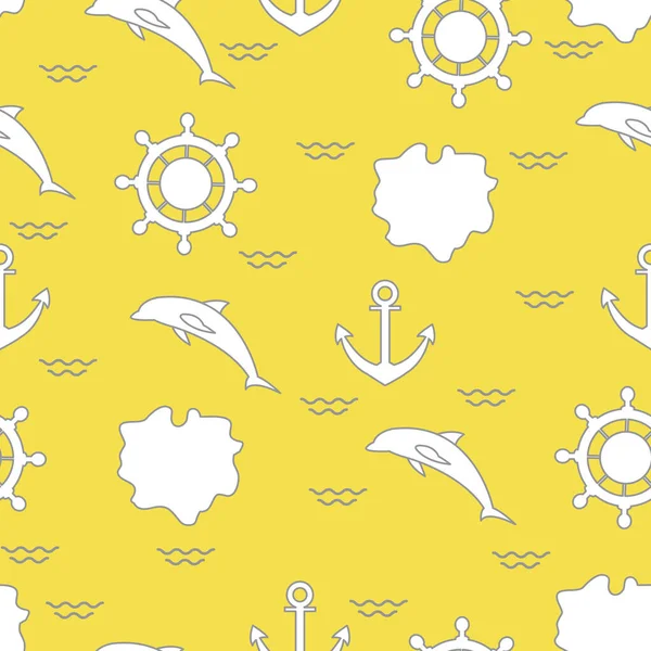 Modèle Sans Couture Avec Dauphins Ancres Volant Vagues Îles Loisirs — Image vectorielle