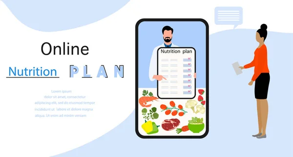 Vector Illustration Nutrition Consultant Online Explains Diet Human Proper Nutrition — Stock Vector