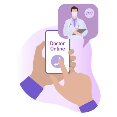 Danışmanlık Doktor çevrimiçi vektör illüstrasyonu Eller hastayla çevrimiçi tıbbi iletişimi elinde tutuyor. Sanal hastane. Tıbbi destek. Sağlık hizmetleri. Web sitesi, uygulama, yazdırma için Düz Biçim Tasarımı