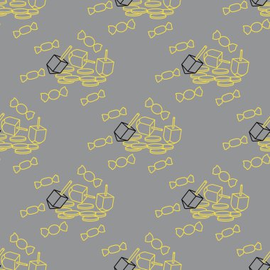 Dreidel, sevivon, madeni paralar ve şekerlerle kusursuz desen. Yahudi bayramı bayramı. Çocuk oyunu. Aydınlatıcı ve Nihai Gri.