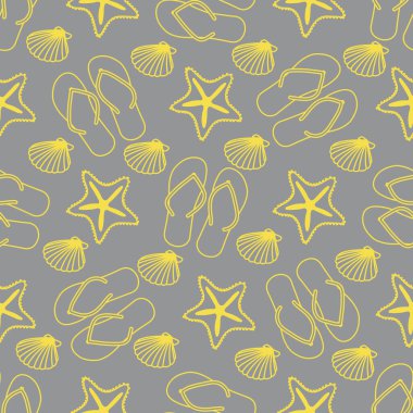 Çevirmeli terlik, denizyıldızı ve kabuklu vektörsüz seyahat çizimi. Yaz tatili, tatil, tatil, boş zaman geçmişi. Seyahat acentesi kavramı. Tasarım ambalajı, kumaş, baskı Aydınlatma ve Nihai Gri.