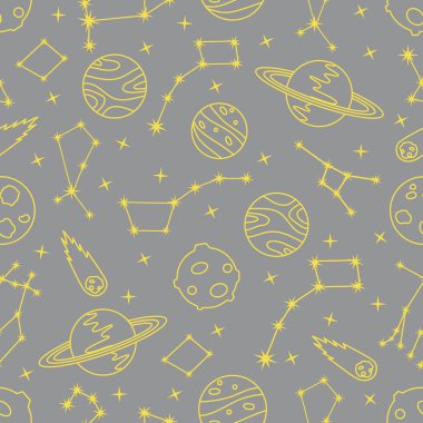 Takımyıldızları, gezegenleri, Satürn 'ü ve kuyruklu yıldızı olan kusursuz bir vektör deseni. Uzay keşfi. Astronomi. - Bilim. Astronomi uygulamaları, web siteleri, baskılar için tasarım. Aydınlatıcı ve Nihai Gri.