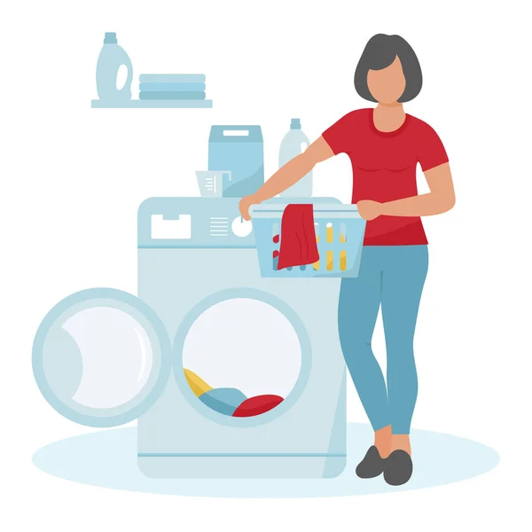 Vector Illustratie Vrouw Vuile Kleren Wasmachine Wasmand Wasmiddelen Wasservice Huishoudelijke — Stockvector