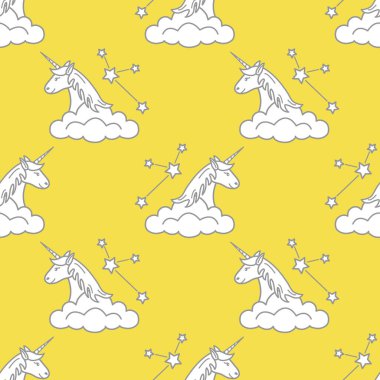 Sihirli tek boynuzlu atlara, takımyıldızlara ve bulutlara sahip kusursuz desenler. Çocuk grafiği, tişört, kapak, hediye kartı için tasarım. Aydınlatıcı ve Nihai Gri.