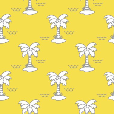 Palmiye ağaçları, hindistan cevizleri ve dalgalarla kusursuz desen. Kartpostal, davetiye ve pankart için tasarım. Aydınlatıcı ve Nihai Gri.